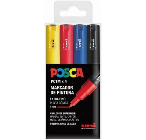 Posca PC1M Pack de 4 Marcadores de Pintura - Punta Conica 0.7mm - Tinta Base al Agua - No Permanente - Resistente a la Luz - Colores Amarillo, Rojo, Azul y Negro