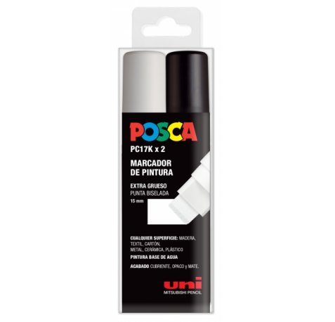 Posca PC-17K Estuche de 2 Marcadores de Pintura - Punta Biselada de Poliester 15mm - Ancho de Trazo Muy Grueso - Tinta Base al Agua - Resistente a la Luz - No Permanente - Color Surtido