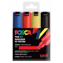 Posca PC-8K Estuche de 4 Marcadores de Pintura - Punta Biselada Acrilica 8mm - Tinta Base al Agua - No Permanente - Resistente a la Luz - Inodoro - Ideal para Carteleria y Decoracion - Color Surtido