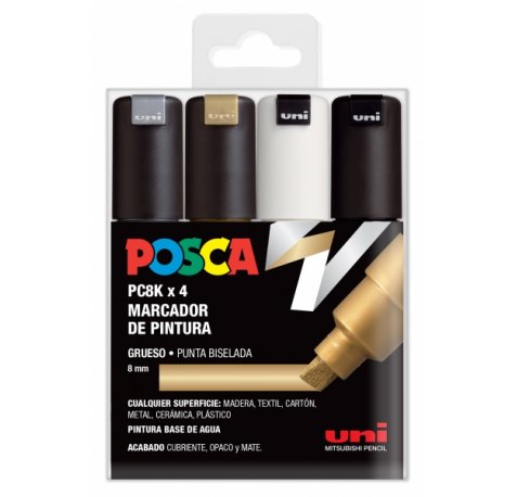 Posca PC-8K Estuche de 4 Marcadores de Pintura - Punta Biselada Acrilica 8mm - Tinta Base al Agua - Resistente a la Luz - Color Surtido