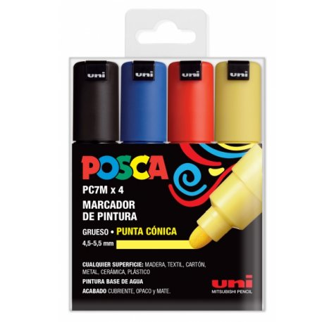 Posca PC-7M Estuche de 4 Marcadores de Pintura - Punta de Bala 4.5-5.5mm - Tinta Base al Agua - Resistente a la Luz - No Permanente - Color Surtido