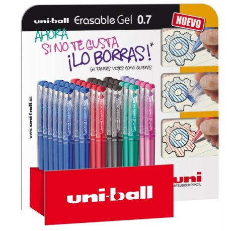 Uni-ball Erasable UF-222 Expositor de 36 Rollers de Gel Borrable - Punta de Bola 0.7mm - Tinta Termosensible - Doble Goma Borradora - Colores Surtidos