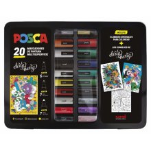 Posca Maleta Metalica con 20 Marcadores de Pintura - Surtido en Color y Trazo - Punta de Poliester - Tinta Pigmentada Base Agua - Resistente a la Luz - Incluye Laminas y Consejos de Dirty Harry - Colores Surtidos