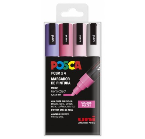 Posca PC-5M Estuche de 4 Marcadores de Pintura - Punta de Bala 1.8-2.5mm - Tinta Base al Agua - Resistente a la Luz - Color Surtido