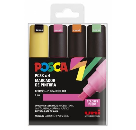 Posca PC-8K Estuche de 4 Marcadores de Pintura - Punta Biselada Acrilica 8mm - Tinta Base al Agua - Resistente a la Luz - Color Surtido