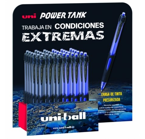 Uni-ball 220 Power Tank Expositor de 36 Boligrafos - Punta de Bola 1mm - Carga Presurizada - Escribe en Cualquier Superficie - Soporta Temperaturas Extremas - Colores Surtidos
