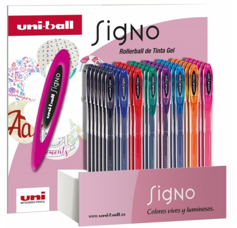 Uni-ball Signo Expositor de 48 Rollers de Tinta Gel - Punta de Bola 0.7mm - Tinta Resistente al Agua y Luz - Colores Surtidos