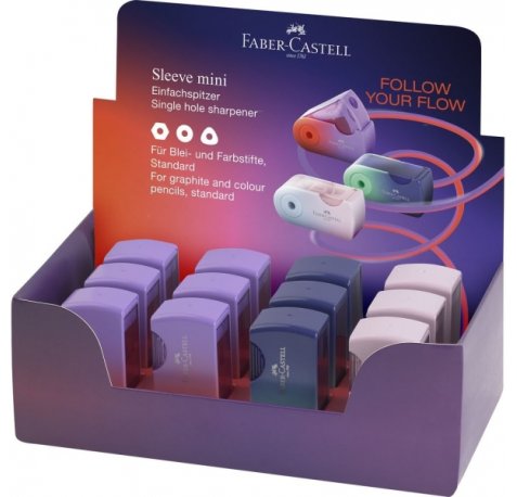 Faber-Castell Sleeve Mini Flow Edition Expositor con 12 Sacapuntas de 1 Orificio - Para TamaÃ±o Estandar - DiseÃ±o Atractivo con Degradado de Color - Colores Surtidos