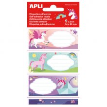 Apli Etiquetas Adhesivas Escolares Unicornios - Tamaño 81x36mm - 9 Etiquetas (3 por Diseño) - Adhesivo Permanente de Alta Calidad - Ideal para Marcar e Identificar Libros, Cuadernos, Carpetas, Etc - Color Multicolor (5 uds)