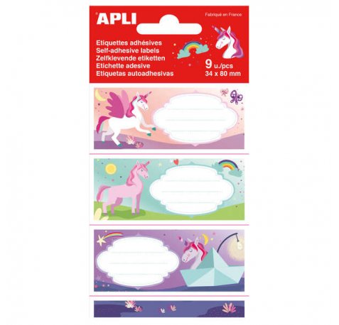 Apli Etiquetas Adhesivas Escolares Unicornios - Tamaño 81x36mm - 9 Etiquetas (3 por Diseño) - Adhesivo Permanente de Alta Calidad - Ideal para Marcar e Identificar Libros, Cuadernos, Carpetas, Etc - Color Multicolor (5 uds)