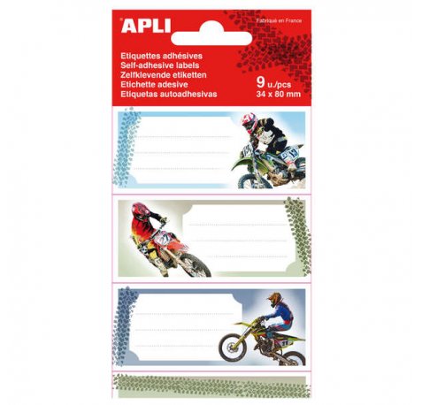 Apli Etiquetas Adhesivas Escolares Motos - Tamaño 81x36mm - 9 Etiquetas (3 por Diseño) - Adhesivo Permanente de Alta Calidad - Color Blanco (5 uds)