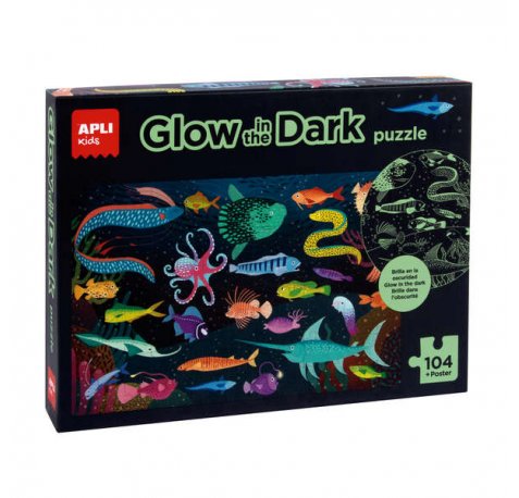 Apli Kids Puzle Fluorescente "Glow In The Dark" Tematica Oceano - 104 Piezas 5x5 cm - Tamaño 64.5x41.5 cm - Incluye Poster - Diseño Infantil y Colorido - Carton 2mm - Desarrolla Habilidades - Colorido
