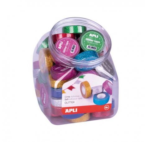 Apli Expositor con 60 Cintas Adhesivas Glitter Opacas 15 mm x 5 m - Facil de Cortar - Colores Surtidos