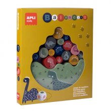 Apli Juego de Equilibrio Dinosaurios - 16 Piezas de Madera de Alta Calidad - Base Balanceante - Dado con Colores - 3 Tamaños de Dinosaurios - Color Natural