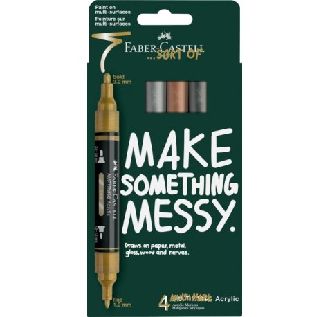 Faber-Castell Multimark Acrylic Mirror Pack con 4 Rotuladores Acrilicos Doble Punta Efecto Espejo - Puntas Redondas de 1mm y 3mm - Tinta Acrilica a Base de Agua - Colores Surtidos