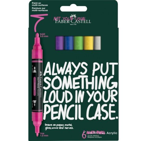 Faber-Castell Multimark Acrylic Pack con 6 Rotuladores Acrilicos Doble Punta - Puntas Redondas de 1mm y 3mm - Tinta Acrilica a Base de Agua - Colores Vibrantes Surtidos