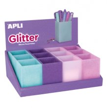 Apli Nordik Expositor de 12 Portalapices Silicona con Purpurina Cuadrados - Medidas 70x70x95mm - Colores Glitter Surtidos