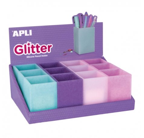 Apli Nordik Expositor de 12 Portalapices Silicona con Purpurina Cuadrados - Medidas 70x70x95mm - Colores Glitter Surtidos