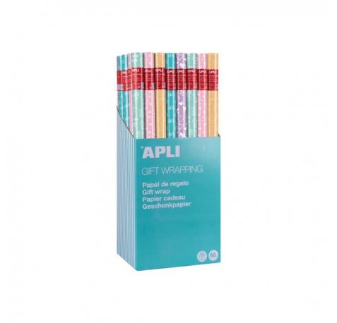 Apli Expositor de 55 Rollos de Papel Regalo Nordik Fun - 11 Rollos por Color - Medidas del Rollo 0.70x2m - 5 Diseños