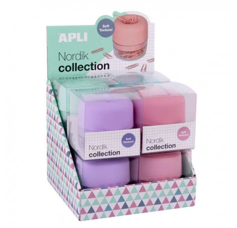 Apli Nordik Collection Expositor de Clips - Ø72x72mm - 8 Dispensadores en 4 Colores Pastel - Tapa Magnetica "Soft Touch" y Textura Silicona - Incluye 50 Clips de 28mm