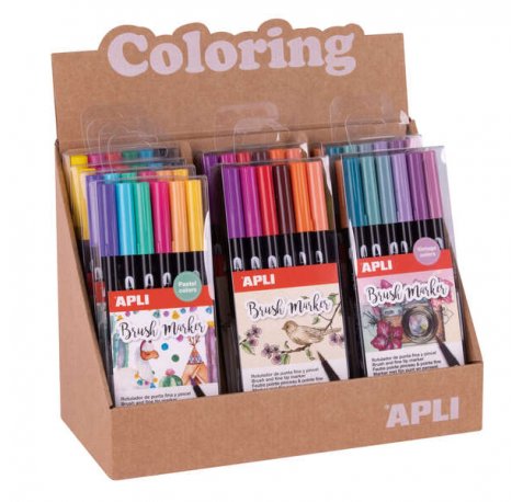 Apli Coloring Brush Markers - Expositor con 8 Packs Surtidos - Doble Punta de Nylon Tipo Pincel de 1-4 mm y Punta Redonda de 1 mm - Acuarelables y Multifuncionales