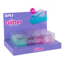 Apli Expositor Portarrollos Cinta Adhesiva Glitter Collection - 19x33mm - 4 Portarrollos Metacrilato Purpurina - Cuchilla Dentada - Dispensador Estable y Pesado - Ideal para Hogar, Oficina y Escuela