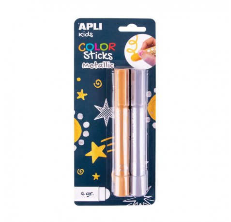 Apli Color Sticks Temperas Solidas - Pack 2 Unidades de 6g en Colores Metalizados - No Manchan, Acabado Satinado, Secado Rapido - Efecto Cera o Tempera Segun Presion - Flexible y sin Disolventes