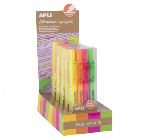 Apli Highlighter Retractil Expositor con 5 Packs de 4 Subrayadores Retractiles - Punta Biselada 4mm - Colores Fluor Surtidos