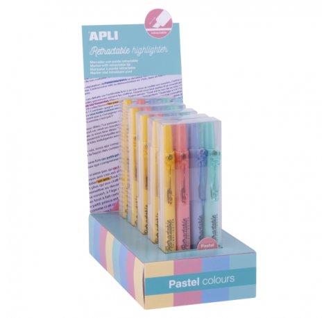 Apli Highlighter Retractil Expositor con 5 Packs de 4 Subrayadores Retractiles - Punta Biselada 4mm - Colores Pastel Surtidos