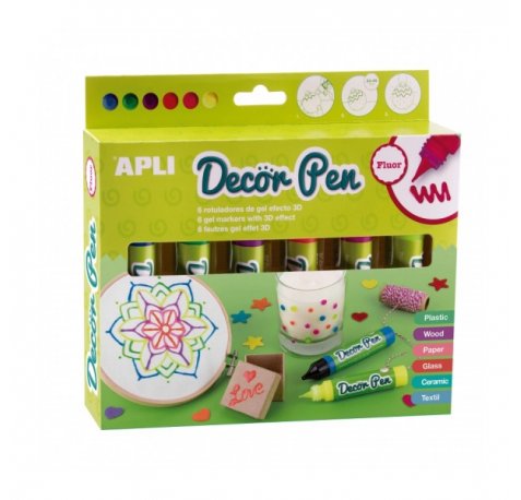 Apli Pack de 6 Rotuladores de Gel 3D Fluor - Ideal para Decorar Plastico, Madera, Papel, Cristal, Ceramica y Textil - Personalizacion Facil y Espectacular