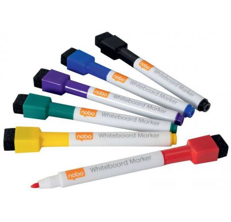 Nobo Mini Rotulador Pizarra Blanca con Tapa Borrador Magnetica - 6 Colores Surtidos - Punta Fina 2mm - Destaca en Pizarras Blancas