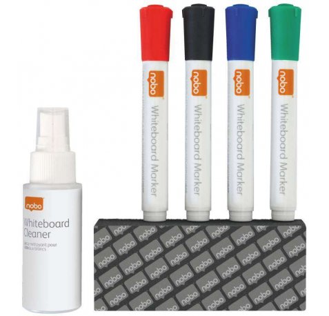 Nobo Kit Basico Accesorios Pizarra Blanca Borrado Seco - 4 Rotuladores Pizarra - Borrador Pizarra - Spray Limpiador 50Ml - Negro, Azul, Rojo, Verde - Color Blanco