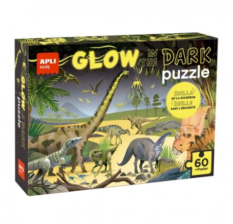 Apli Glow in the Dark Puzzle Fluorescente de 60 Piezas 6x6cm - Tematica Dinosaurios - Efecto Fluorescente que Revela Diseños Ocultos - Poster para Facilitar Montaje - Recomendado para Niños a partir de 4 Años