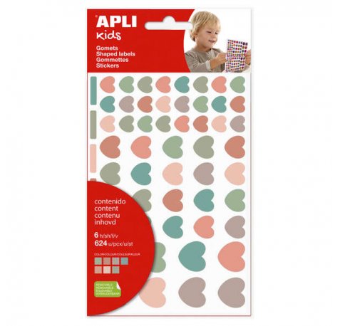 Apli Kids Bolsa de 624 Gomets Corazones Nordik - Adhesivo Removible - Tamaños y Colores Surtidos