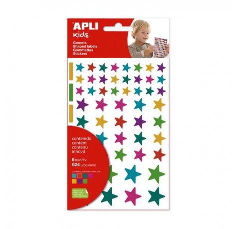 Apli Kids Bolsa de 624 Gomets Estrellas - Adhesivo Removible - Tamaños y Colores Surtidos