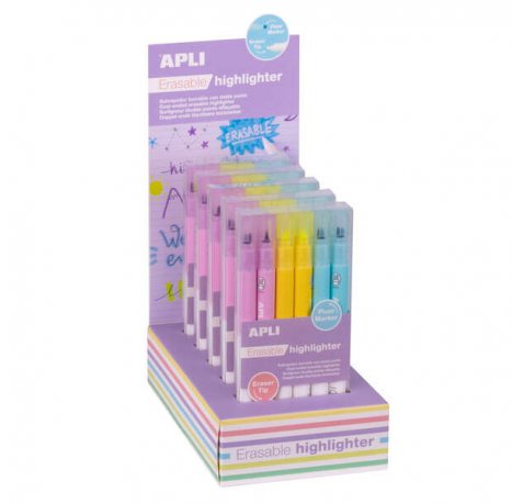 Apli Erasable Highlighter Expositor de 5 Packs de 6 Subrayadores Borrables - Punta Biselada 4mm - Colores Surtidos