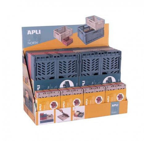 Apli Up North Expositor de 26 Cajas de Plastico Plegables y Apilables - 2x 43x29x16cm, 8x 29x21x21cm y 16x 14x10x6cm - Ideal para Herramientas, Juguetes, Colada etc - Colores Surtidos