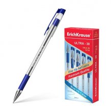 Erichkrause Boligrafo Ultra-30 - Recargable con Punta Fina Fine Tip - Cuerpo Transparente con Agarre de Goma - Tinta de Secado Rapido - Color Azul (12 uds)