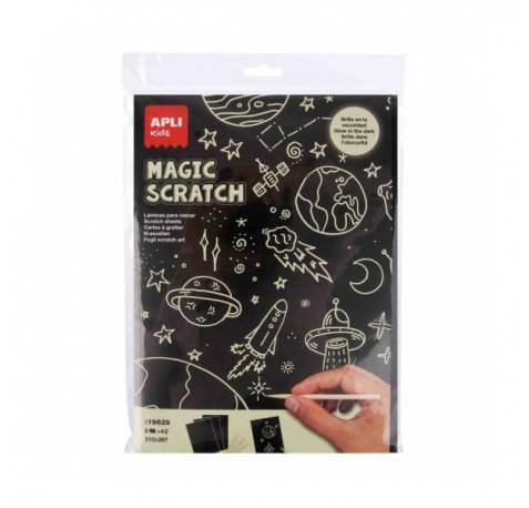 Apli Laminas Fosforescentes Magic Scratch Glow in the Dark - 8 hojas - 4 Palitos de Madera - Crea y Brilla en la Oscuridad - Uso en Hogar y Escuelas