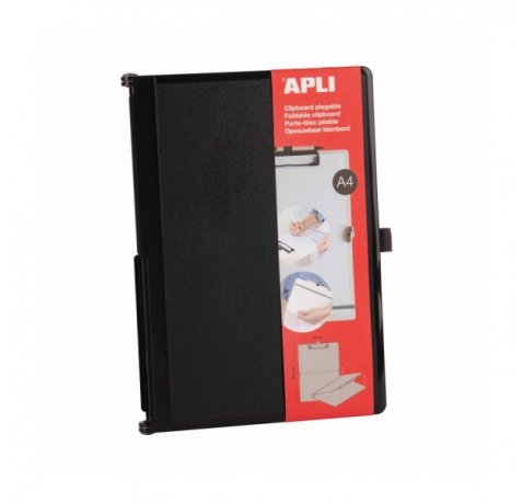 Apli Clipboard Plegable - Compacto y Facil de Transportar - Sujeta Hojas con Goma Elastica - Extension para Boligrafo - Material Resistente ABS - Diseño Funcional y Versatil - Color Negro