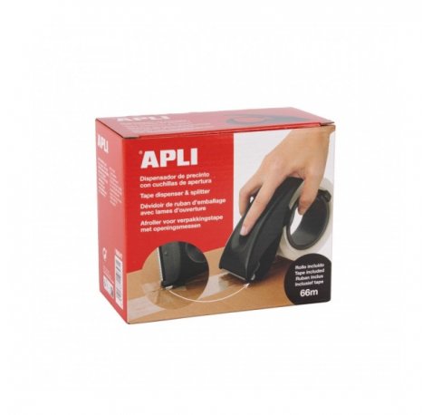 Apli Dispensador de Precinto Multifuncional - Cuchilla Incorporada - Diseño Ergonomico - Material ABS de Alta Calidad - Robusto y Duradero - Incluye Rollo de Precinto de 66 m - Color Negro