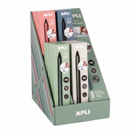 Apli Infinite Pencil Expositor con 20 Packs de Lapiz Infinito HB + Mina de Recambio + Tapon Protector - Para Escribir hasta 16km - Colores Surtidos