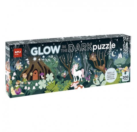Apli Glow in the Dark Puzzle Fluorescente de 200 Piezas 6x5cm - Tematica Bosque Magico - Efecto Fluorescente que Revela Diseños Ocultos - Poster para Facilitar Montaje