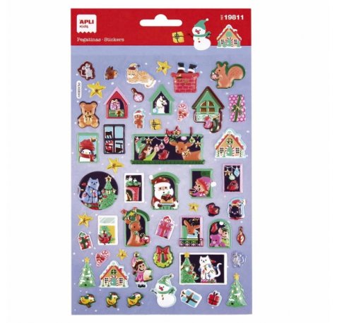 Apli Bolsa con 52 Pegatinas Navideñas Modelo Adviento Casa - Adhesivo Permanente - Motivos Navideños - Ideal para Decorar Regalos y Tarjetas