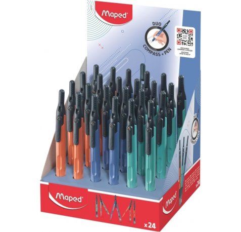 Maped Duo+Pen Expositor con 24 Compases Duo - Compas que se puede Utilizar como Portaminas - Clip de Bolsillo - Colores Surtidos