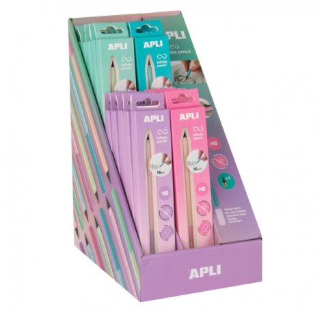 Apli Infinite Pencil Nordik Expositor con 20 Packs de Lapiz Infinito HB + Mina de Recambio + Tapon Protector - Para Escribir hasta 16km - Colores Surtidos