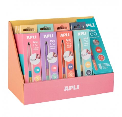 Apli Mini Infinite Pencil Expositor con 20 Packs de Mini Lapices Infinitos HB + Mina de Recambio + Tapon Protector - Para Escribir hasta 16km - Colores Surtidos Tricolor