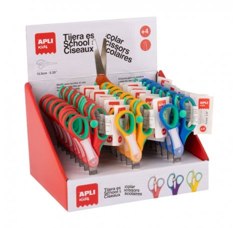 Apli Kids Expositor con 24 Tijeras Escolares 13 cm - Punta Redondeada - Ergonomicas - Espacio para el Nombre - Uso Ambidiestro - Colores Surtidos