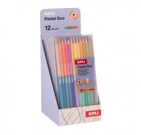 Apli Pastel Duo Expositor con 6 Packs de 12 Lapices de Colores de Doble Punta - Forma Triangular - Colores Pastel Surtidos