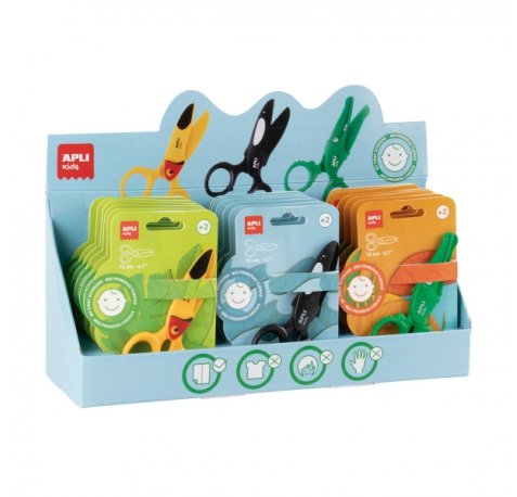 Apli Kids Expositor con 18 Tijeras Preescolares 12cm - Sistema de Seguridad que Evita Cortes en la Piel, el Pelo o la Ropa - Con Formas de Animales - DiseÃ±os Tucan, Cocodrilo y Orca